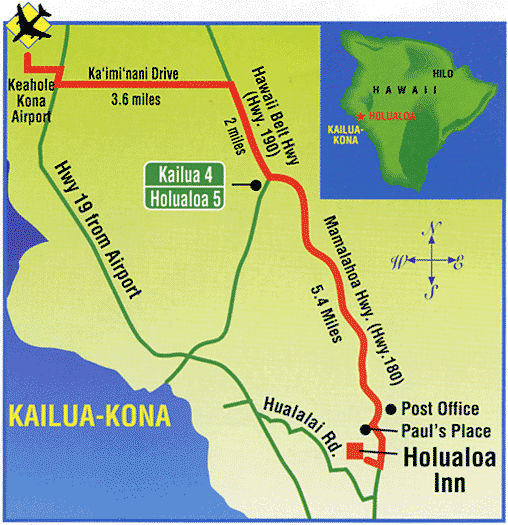 ハワイ島コナ地区の最高級Ｂ＆Ｂ「ホルアロア・イン(HOLUALOA INN)」への地図